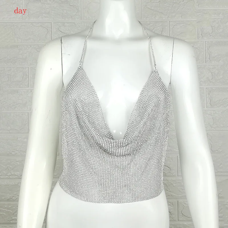 Koop Crystal Mesh Tank Top Womens Diamond Metalen Crop Top 2019 zomer Strand Sexy Gold Sparkly Sequin Gedrapeerde Ketting Backless Club vest