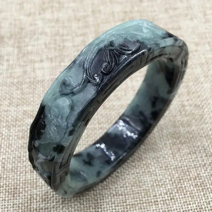 

63mm Vintage Chinese Hand-carved Black Green Jadeite Jade Bracelet Bangle 893