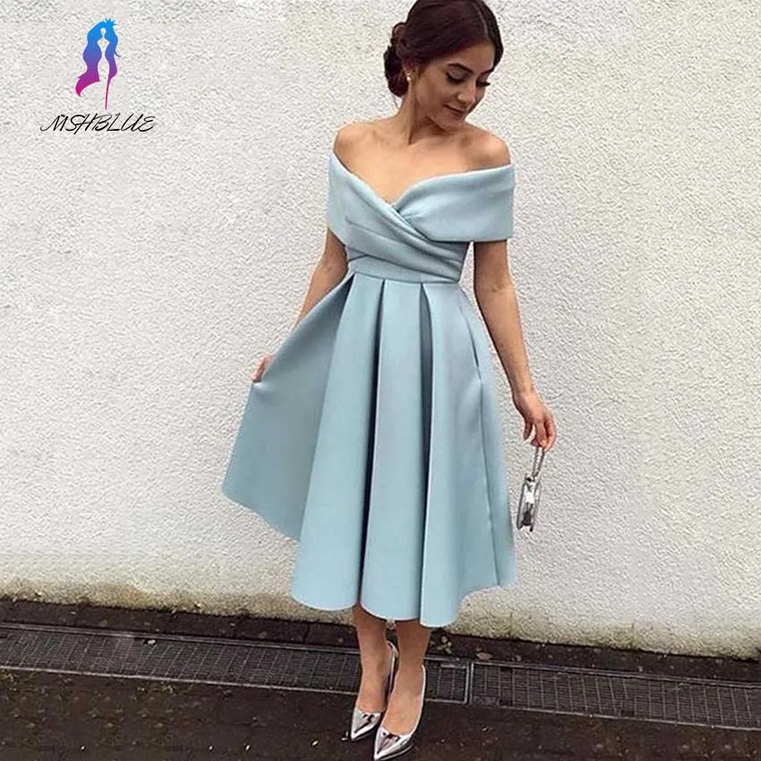 

Simple Short Prom Dresses Satin Evening Gown Off the Shoulder Sky Blue Tea-Length Formal Women Party Dress