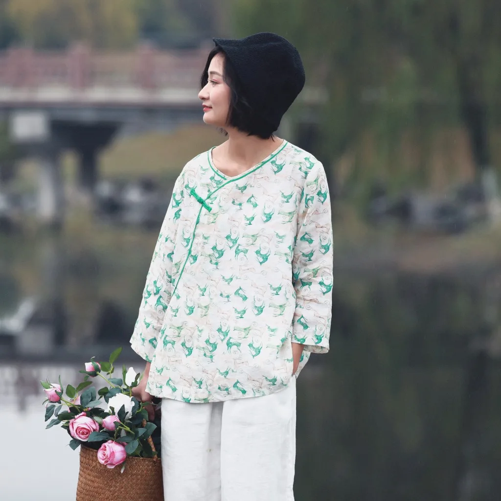

Original Literary Cotton Women's Spring Summer Hit Color Printing Plate Buttons Chinese-style Jacket Retro Shirt