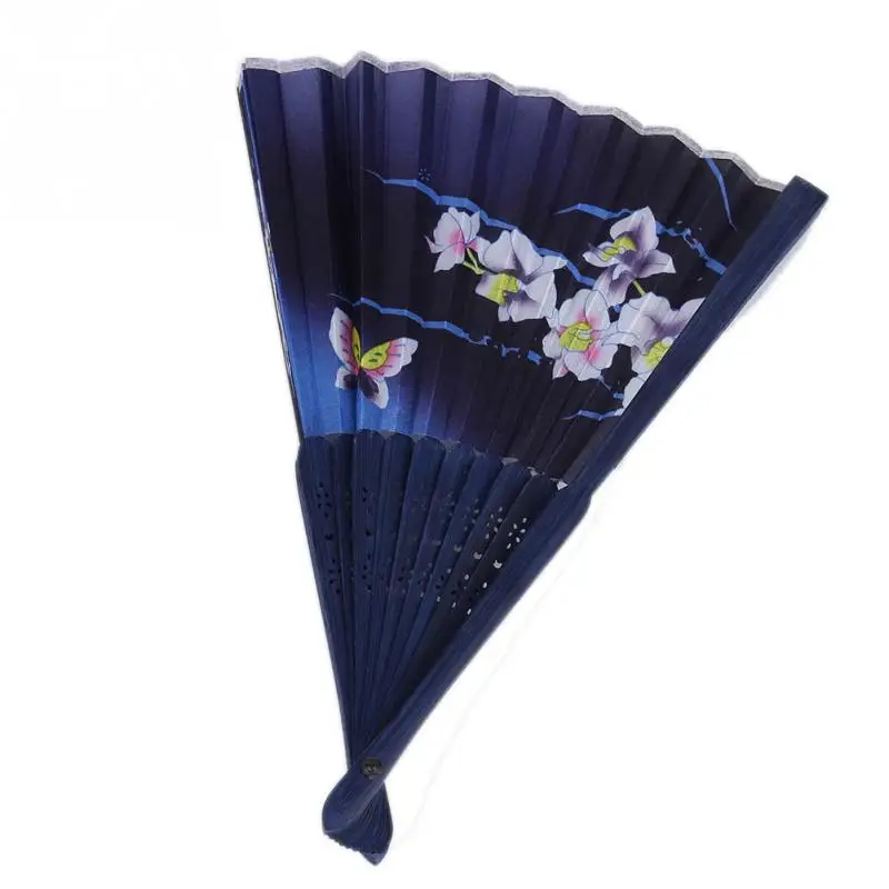 Chinese Style Blooming Flowers Design Silk Folding Fan Bamboo Fan Blue