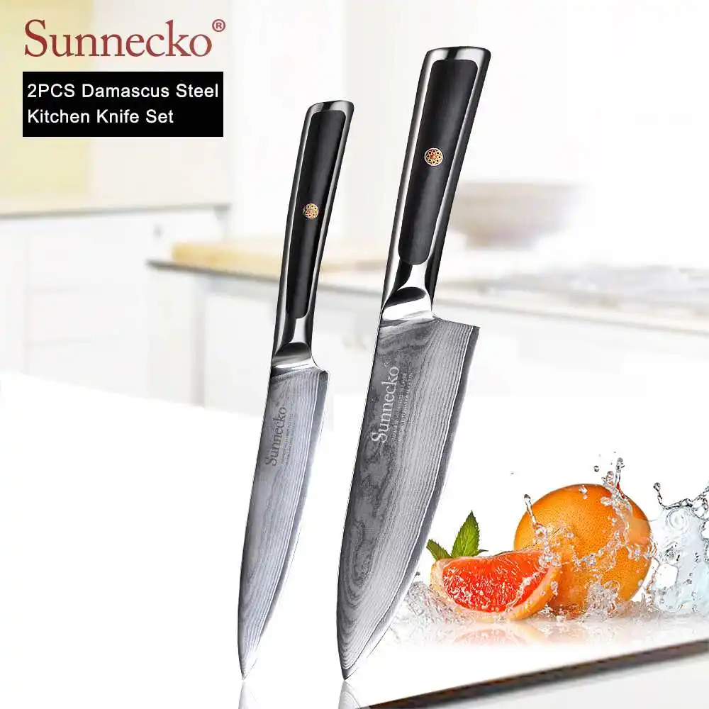 SUNNECKO дамасский нож шеф-повара для очистки хлеба Santoku нож для стейка японский VG10 Сталь G10 ручка для резки мяса набор кухонных ножей - Цвет: 2pcs Set F