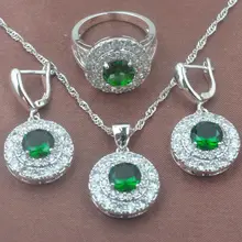 Подарок на день рождения зеленый фианит женские 925 серебряные ювелирные наборы свадебное ожерелье кулон серьги кольцо подарочная коробка TZ0273