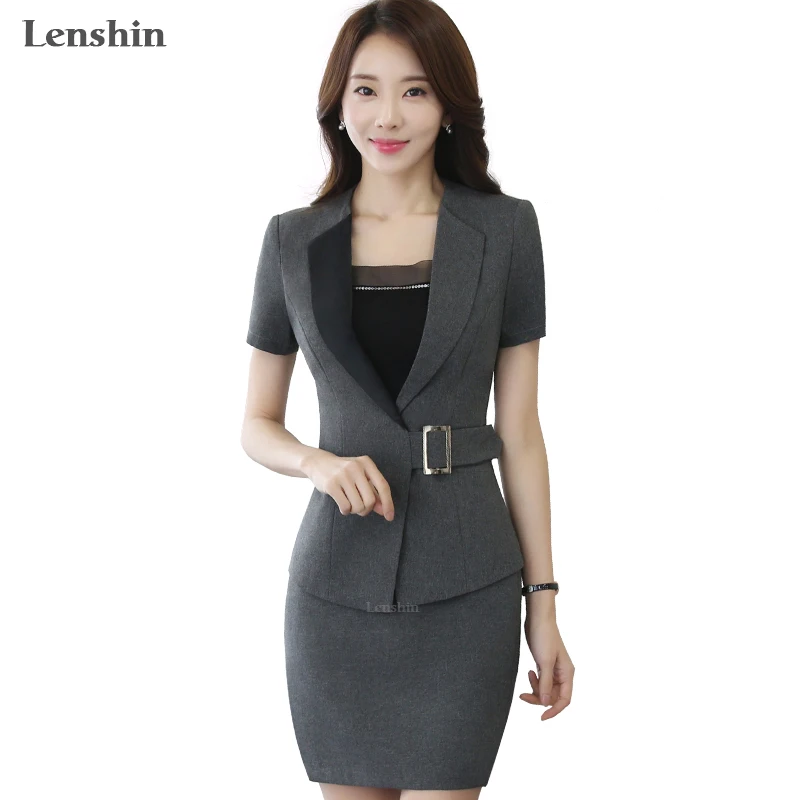 2 Pieces Gray Skirt Suit Short sleeve Blazer Jacket & Skirt New