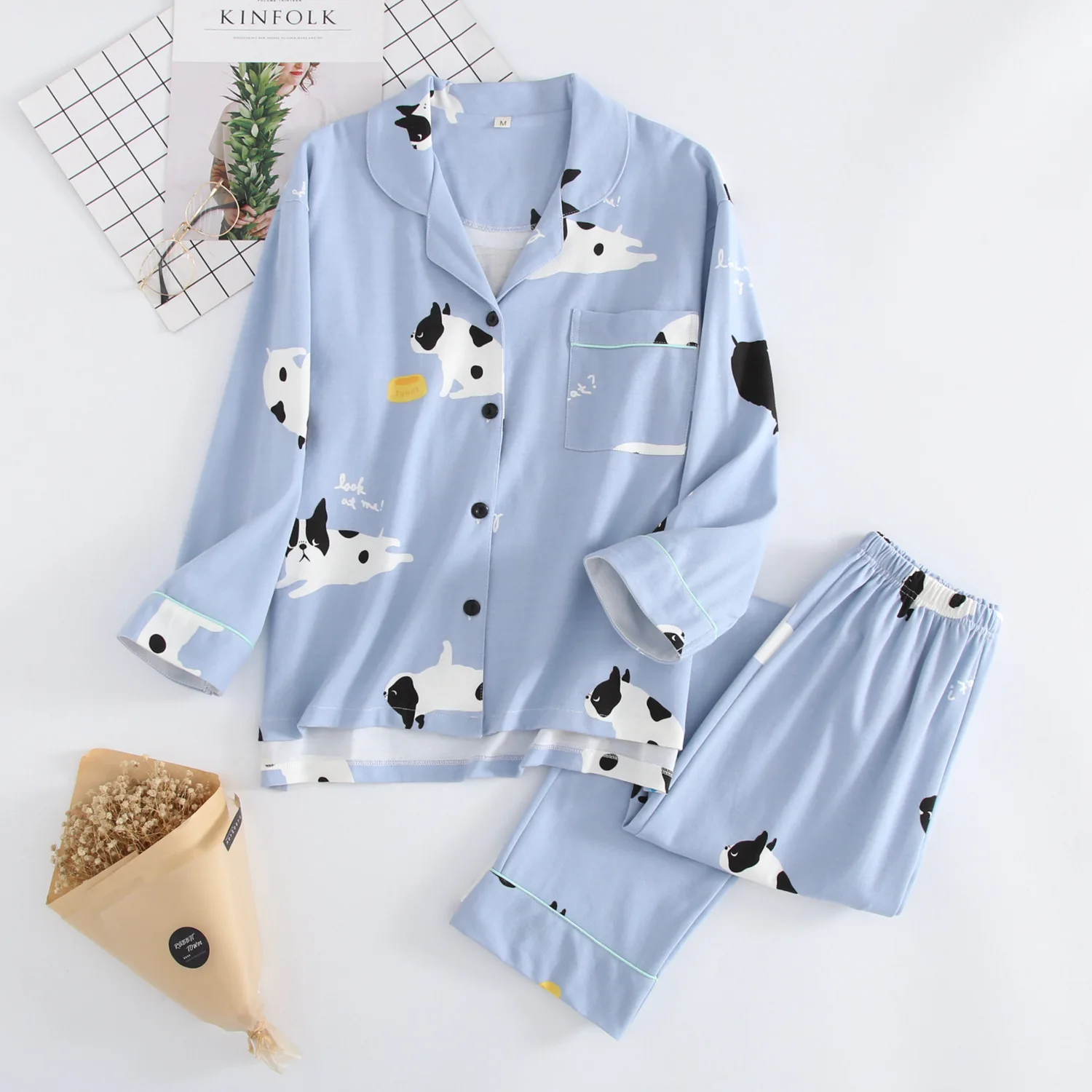New Cute dogs sleepwear women pajamas sets spring knit cotton long-sleeved homewear female nightgown women pyjamas