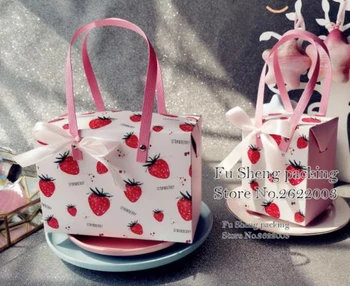 

21*11*15CM Strawberry patter Cake Box with handle,Cookie baking Biscuits, nuts, tea Packaging box 50pcs/lot