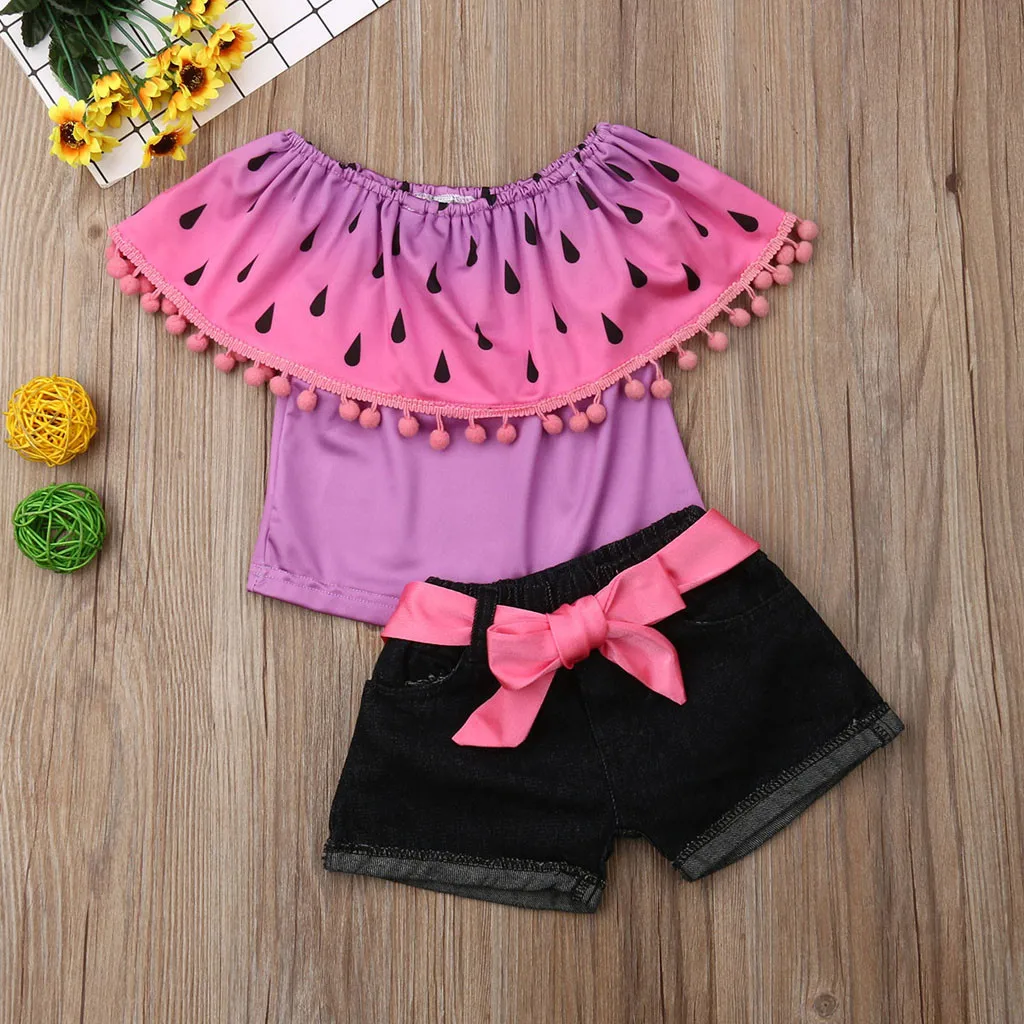 

Toddler Baby Girl Kid Watermelon Printed Ruffle Tops+ Jeans Shorts Outfits Set children clothes roupa menina meisjes kleding