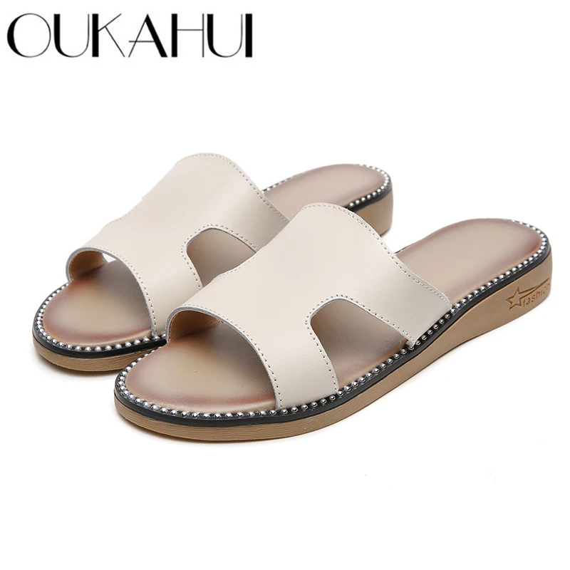 

OUKAHUI Beige Simple Genuine Leather Flip Flop Summer Sandals Women Shoes Flat Low Heel Solid Color Breathable Slides Women 2019