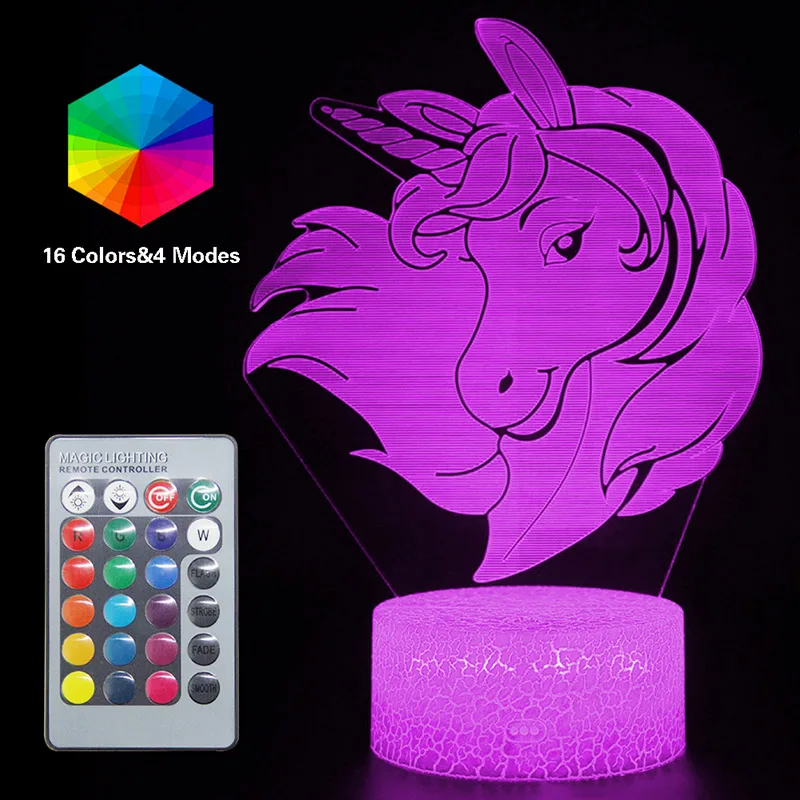 Единорог, светодиодный, дистанционный, 3D, Ночной светильник, детский, Ночной светильник, 16 цветов, милый, RGB, настольная лампа для детей, на день рождения, праздник, для девочек, друг, Kawaii, подарок - Испускаемый цвет: unicorn 1
