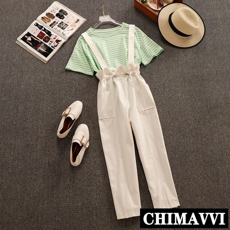 

2019 New Summer Pants Suit Korean Student Loose Stripes T-shirt Tops + Sling Overalls Two Piece Women Leisure Trousers Set