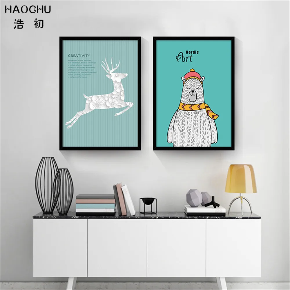 HAOCHU Скандинавский современный красочный Олень Медведь башня мультфильм холст