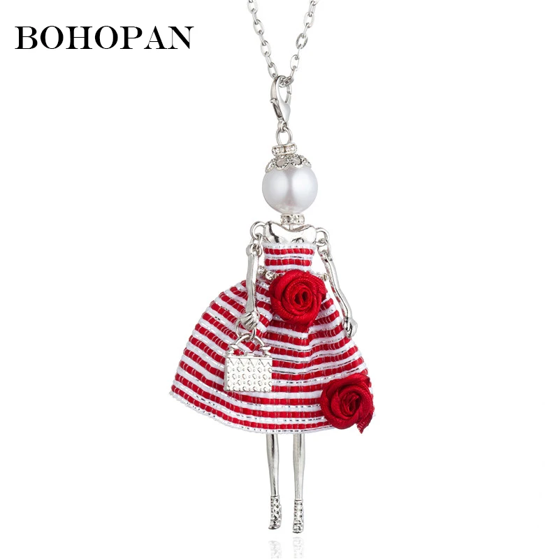 

Elegant Doll Necklace For Women Stripe Dress Rose Design Alloy Crystal Pendants Necklaces Fashion Jewelry Girl Gifts Accessories