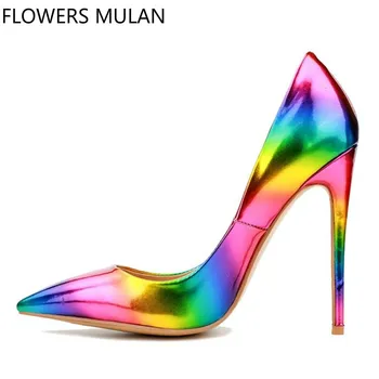 

Mixed Rainbow Color Shiny Leather High Heels Pumps Shoes Woman Elegant Pointed Toe Slip On Chic Shallow Women Wedding Shoes