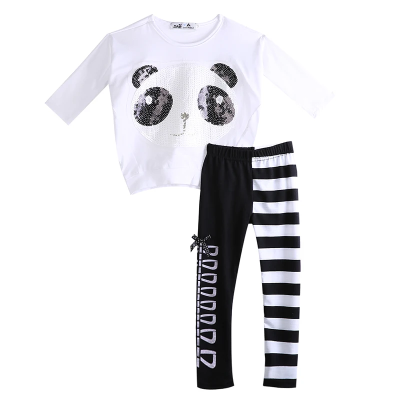 Fashion Children Girls Panda Clothes Set Bawing sleeve Sequins T-shirt Tops Long Pant Legging 2PCS Outfits Kids Clothing | Мать и ребенок