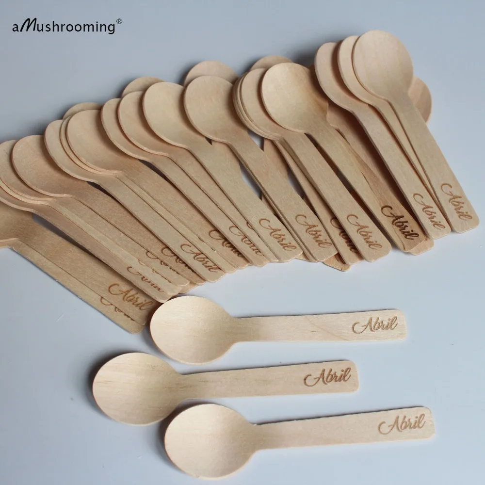 100 Personalized Small Round Ice Cream Spoons 4 Inch Disposable Wooden