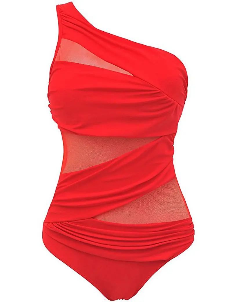 Сексуальный женский цельный Монокини, бикини, пуш-ап, купальник, купальный костюм, купальник, хит, на одно плечо, сетчатый, из кусков, купальник - Цвет: Красный