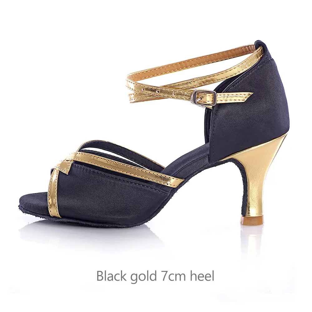 Женская обувь для латинских танцев, танцевальная обувь для бальных танцев, танго, сальсы, женская обувь черного цвета на высоком каблуке 5 см/7 см, танцевальная обувь с мягкой подошвой для девушек - Цвет: black gold 7cm heel