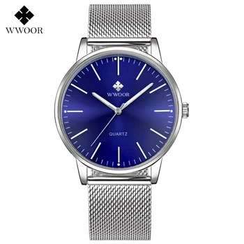 

Fashion Top Luxury brand WWOOR Watches men Stainless Steel Mesh strap Quartz-watch Ultra Thin Dial Clock man relogio masculino