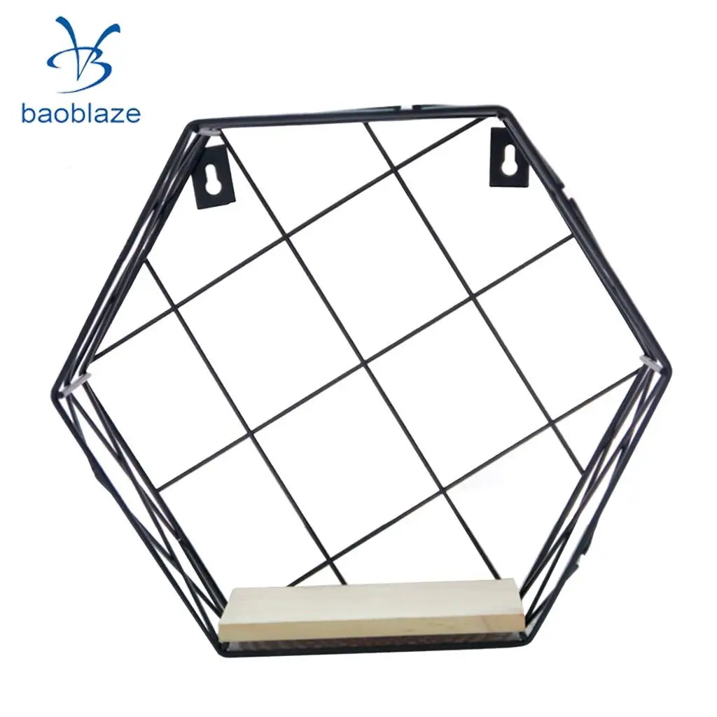 Baoblaze Hexagon Iron Wooden Wall Shelf Shadow Box Display Rack Shelf Storage Unit for Home Bedroom Balcony Passway