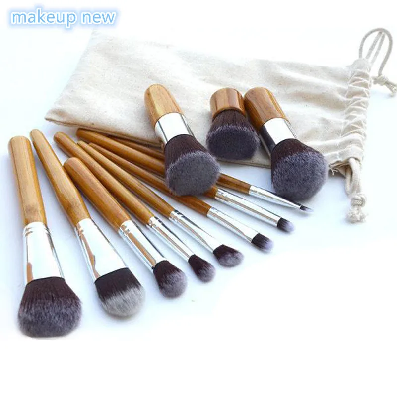 11 шт./лот, косметические инструменты для макияжа, натуральные бамбуковые ручки, тени для век, косметические кисти для макияжа, набор румян, Мягкие кисти, набор с сумкой
