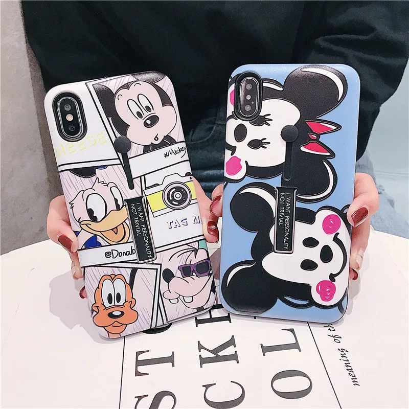 

Cute Case For iphone XR XS Max X 10 Cartoon Donald Duck Mickey Minnie Soft Ring Hide Stand Holder Cover for iphone 7 8 6 6s plus