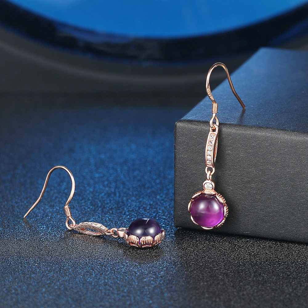 LAMOON 8mm 3.3ct 100% Natural Roundness Purple Amethyst 925 Sterling Silver Jewelry Drop Earrings LMEI019