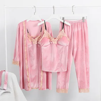 

Gold velvet pajamas long-sleeved nightdress sexy four-piece suit long Gown Sets robe with chest pads home female sleepwear