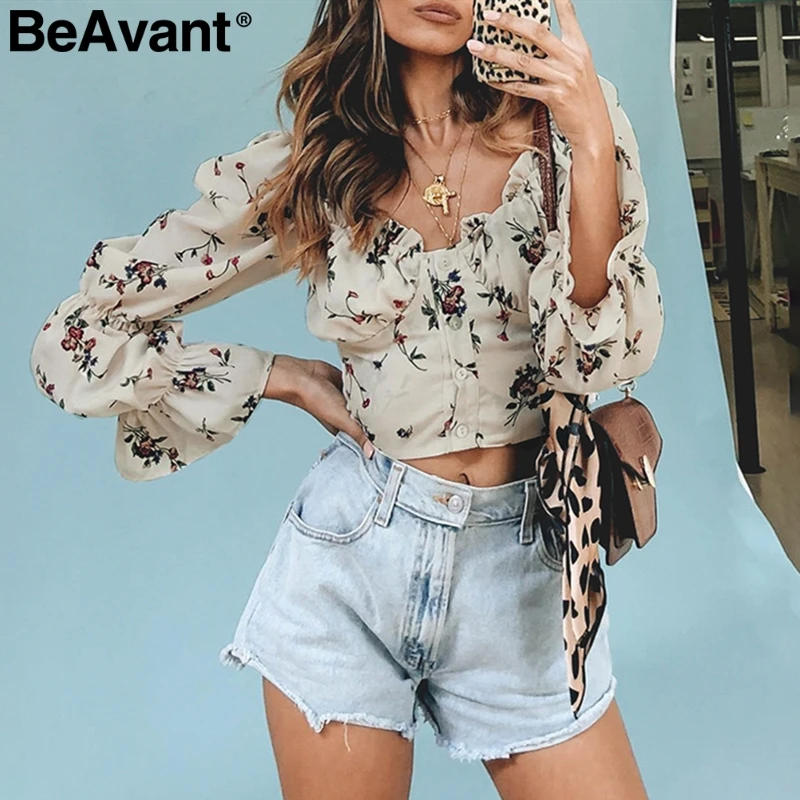 

BeAvant Bohemian floral print women blouse shirt Vintage ruffle elastic lantern sleeve female top shirt V-neck ladies short tops