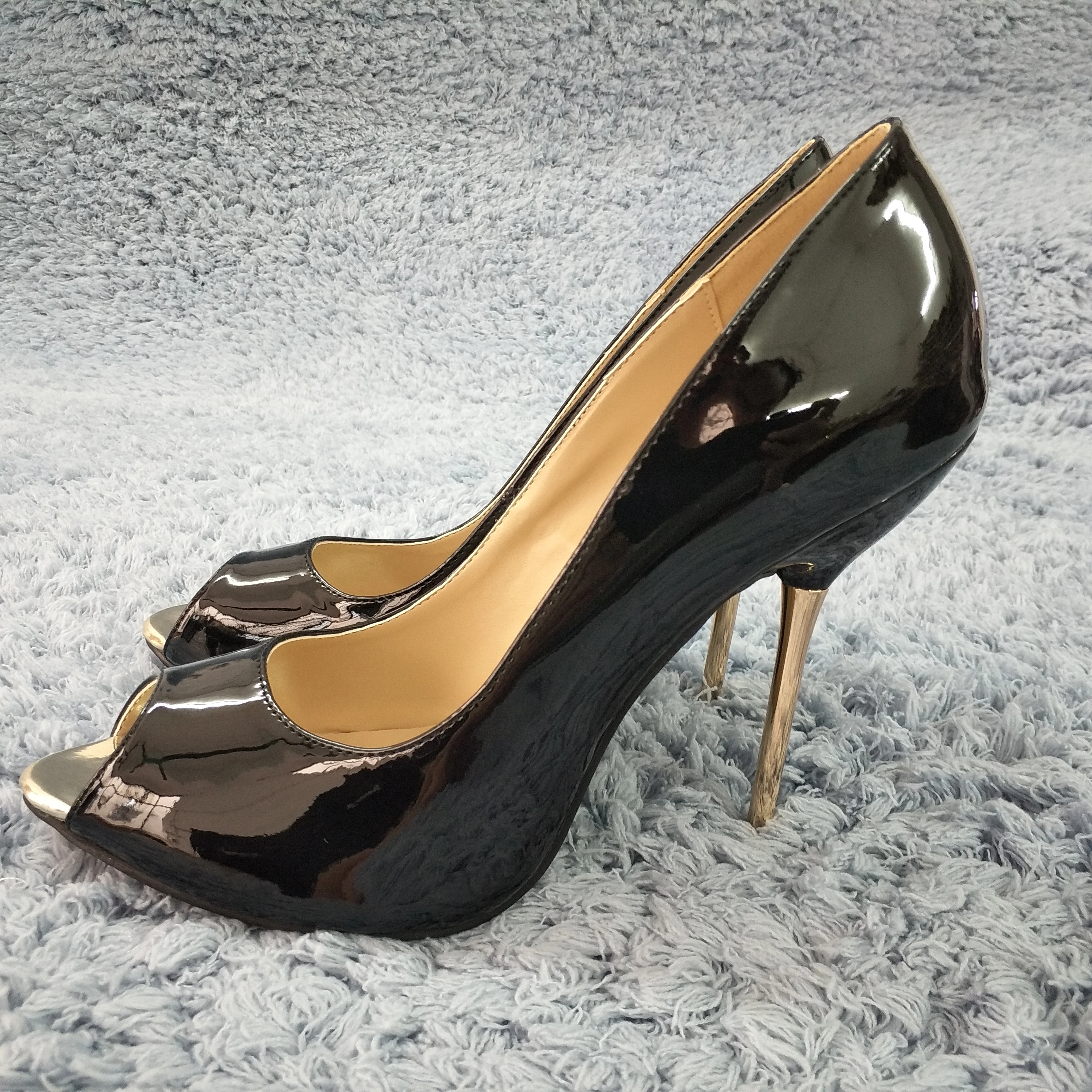 

Women Stiletto Thin Iron High Heel Pumps Sexy Peep Toe Black Patent Fashion Party Bridal Ball Office Lady Shoes 3845-a3