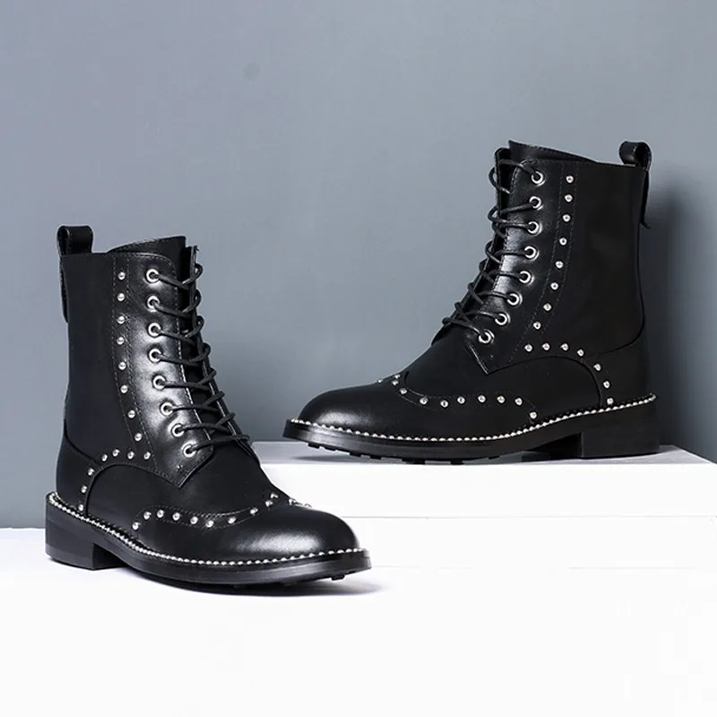 

Brand Black Hot Shoes Women Ankle Boots Rivets Embellished Short Booties Side Zipper Knight Boots Roman Style Chaussures Femmes