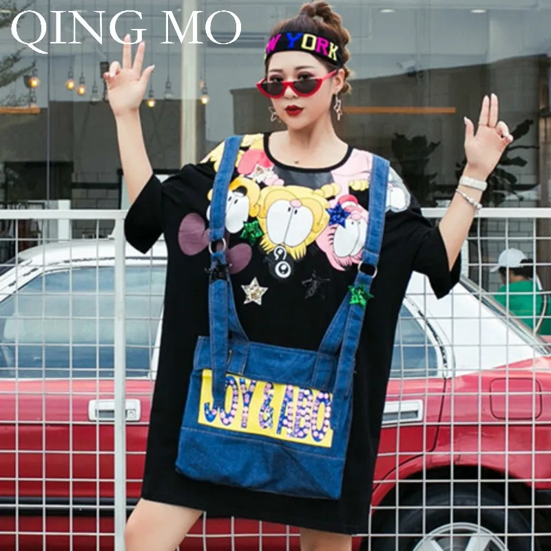 

QING MO Black White Blue T Shirt Dress 2019 Summer Women Large Pocket Decorate Dress Letter Sequin Dress Cotton ZQY1114