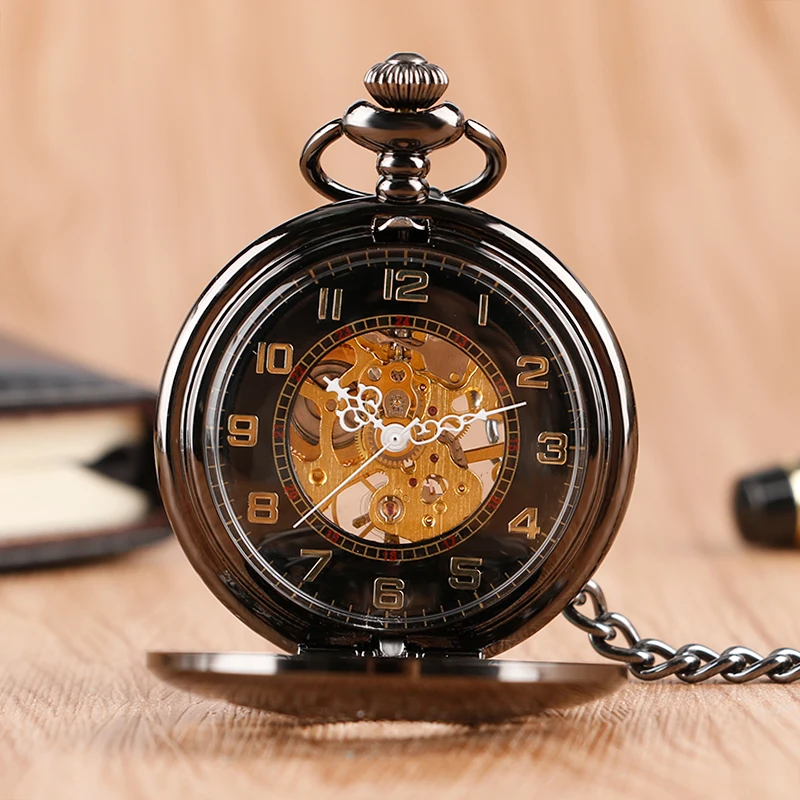 Vintage Luxury Black Metal Mechanical Pocket Watch Smooth Steampunk Hand Winding Clock Set with Gifts Box Bags Leather Pin Chain 2018 (12)