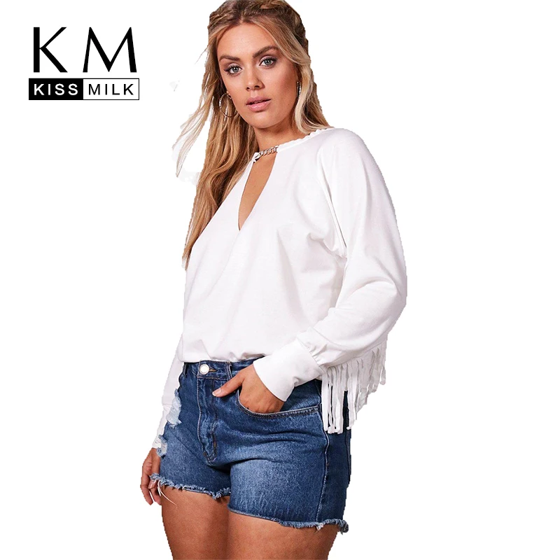 Kissmilk Women Plus Size V Neck Tassel Hollow Out Hoodies Long Sleeve Solid Loose Basic Autumn Tops Big Size Streetwear Hoodies