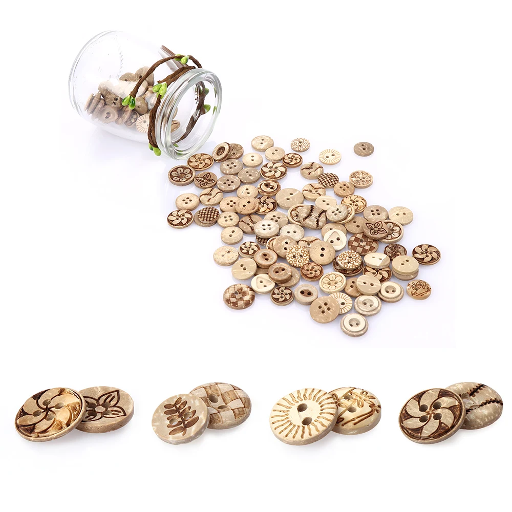 

50Pcs/Bag Mixed Flower Style Carved Wooden Round Sewing Buttons 2 Holes DIY Craft Scrapbooking Buttons Fitted Sewing Tools
