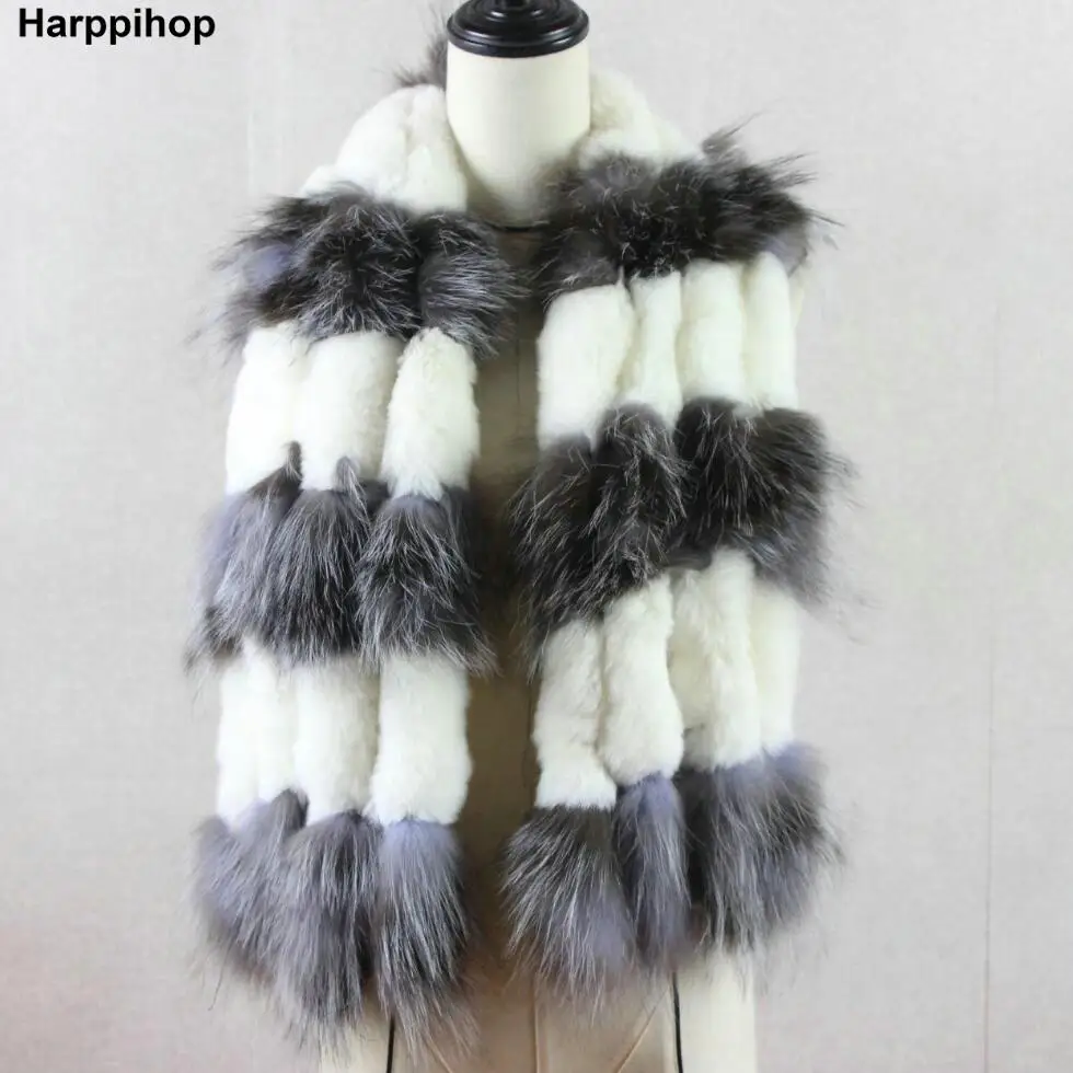 

Winter Women Long Genuine Knitted Fox Fur Scarf Real Rex Rabbit Fur Collar Warm Neck Stole Tassel Natural Silver Fox Fur Scarves