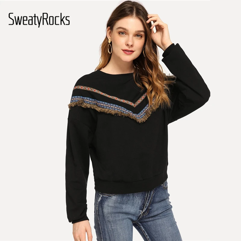  SweatyRocks Black Casual Embroidered Tape And Fringe Detail Sweatshirt Long Sleeve Pullovers Tops 2