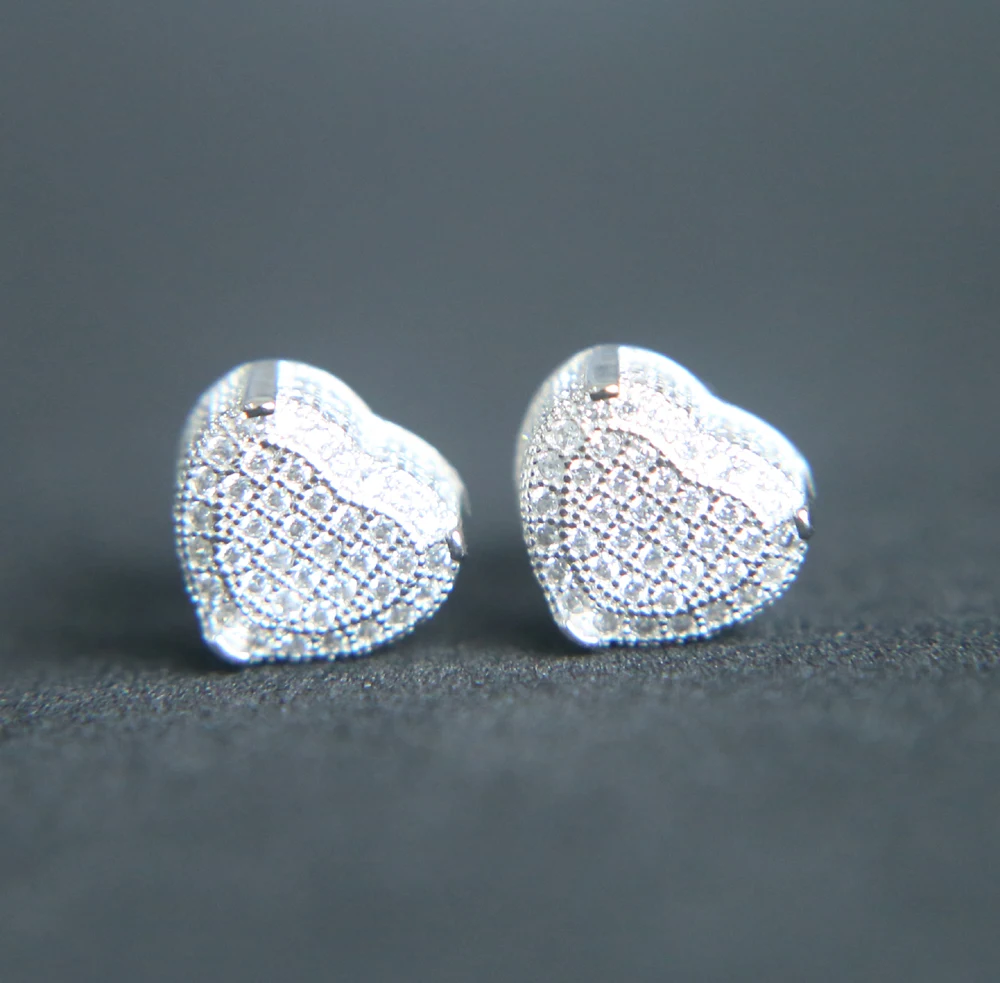 fine jewelry silver color screwback heart shape micro pave zircon cz valentine gift women hip hop earring