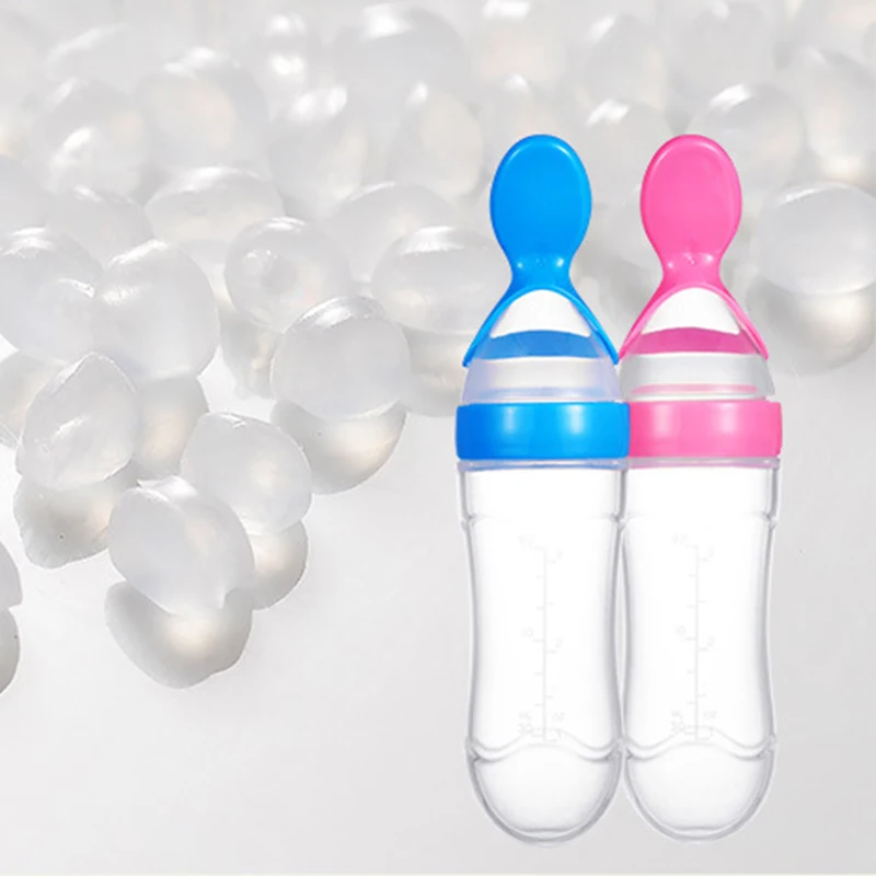 90ml Silicone Baby Feeding Bottle With Spoon Newborn Infant Squeeze Spoon Toddler Food Supplement Rice Cereal Bottle Milk Feeder