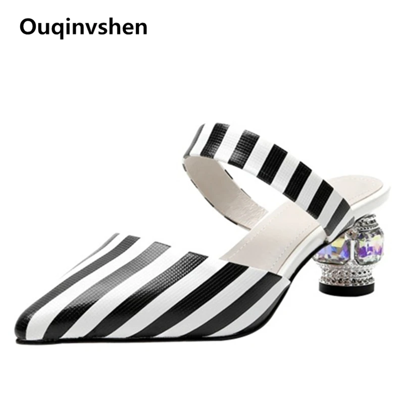 

Ouqinvshen Striped Womens Slippers Outdoor Pointed Toe Crystal Mules High Heels Sexy Fashion Cow Leather Women Summer Slippers