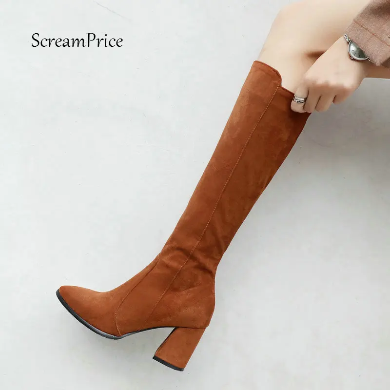 

Woomen Knee High Boots Flock Thick High Heels Fashion Zipper Boots Round Toe Autumn Winter Woman Shoes 2018 Black Yellow