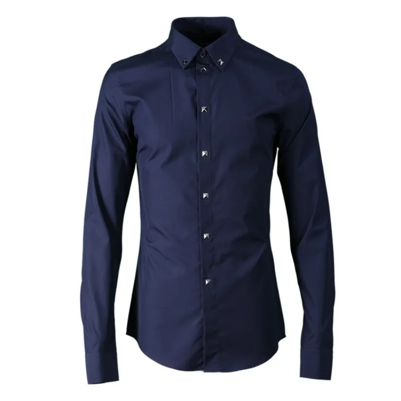 navy blue Новые мужские рубашки Деловые повседневные хлопок с длинным рукавом узкое свадебное платье рубашки брендовые дизайнерские белые черные столешница мужские - Цвет: navy blue