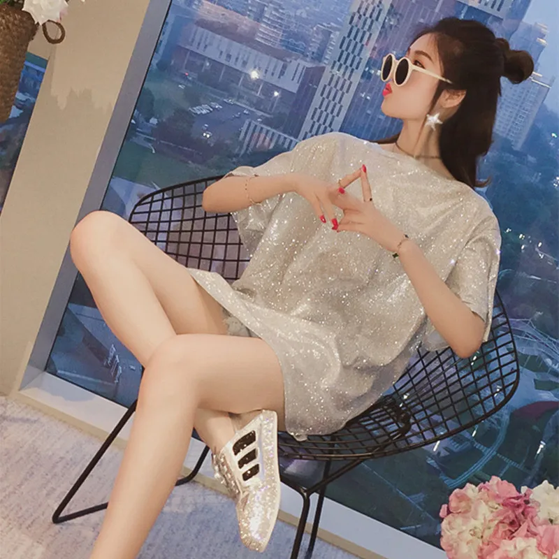 

Summer Fashion Bright Silk T-Shirt For Women Short-Sleeve Casual Loose Long Black Pink Silver Purple Tees Women Tops Clothes