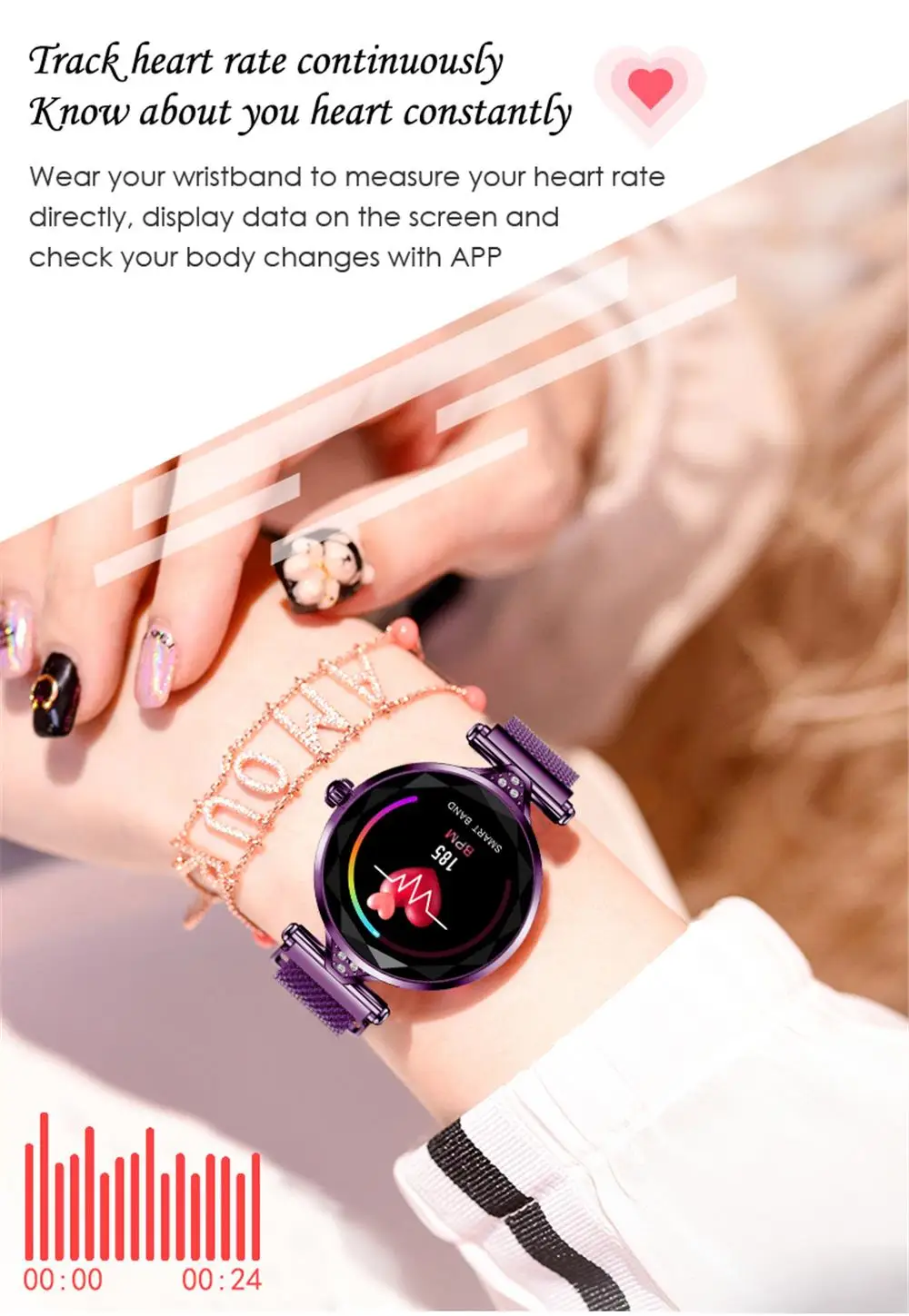 H1 Women Fashion Smart Watch Blood Pressure Heart Rate Monitor Fitness Tracker Bracelet lady Smartwatch Diamond Color Screen