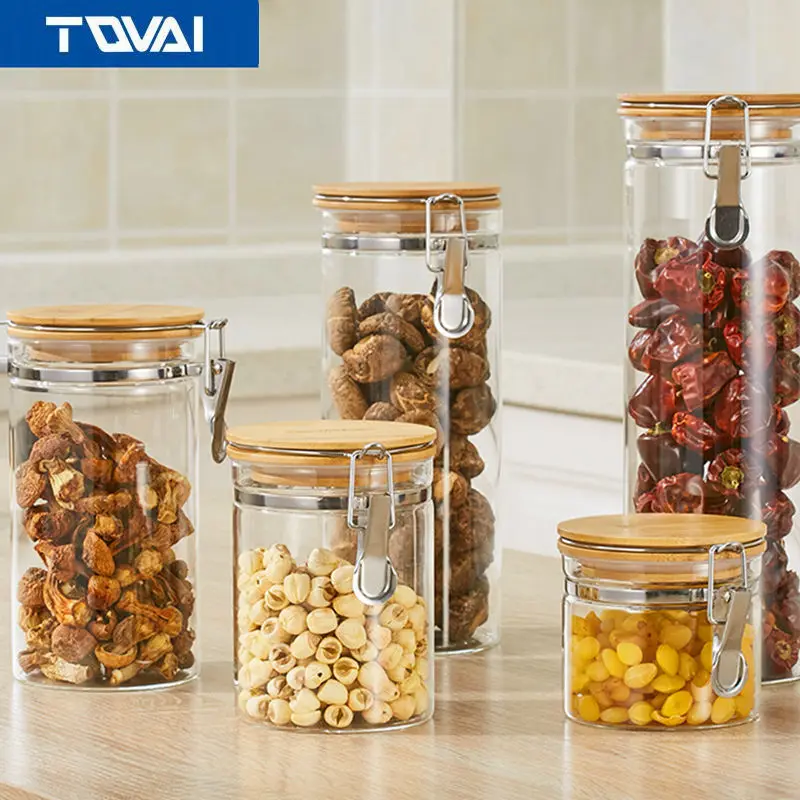 

TQVAI- Storage Bottles Glass Jar Sealed Cans with Bamboo Cover Large Capacity Tampion Cereals Glass Bottle Tea Box