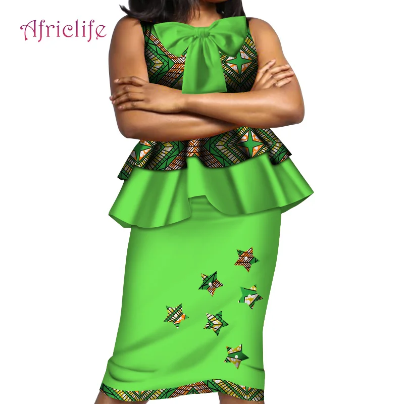 Африканская одежда для женщин Базен Riche Африканский Воск Принт топы и юбки мода o-образным вырезом блузка средней длины длинная юбка