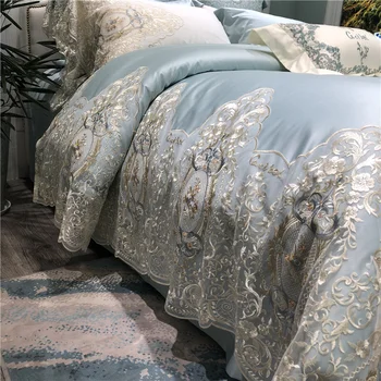 

New Blue 120S Egyptian cotton Embroidery Bedding set Queen King Luxury Lace Europe Duvet cover Bed sheet set Pillowcase 4/6pcs
