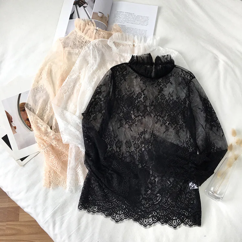 

2019 Spring Summer Women Hollow Out Mesh Blouse Tops Sweet Thin Bottoming Lace Shirts Female Flare Sleeve Blouses Blusas AB1348