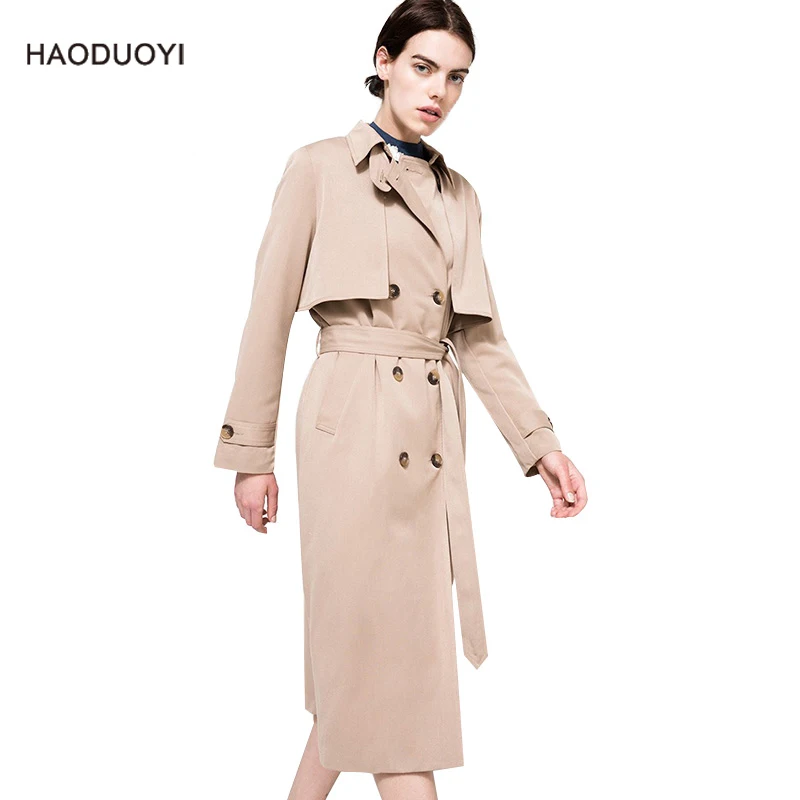 British Style Classic Khaki Women Trench Coat Waist Belt