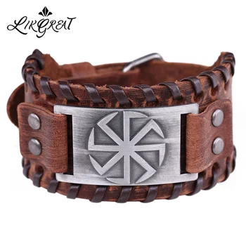 LIKGREAT Slavic Sun Wheel Kolovrat Talisman Charm Bracelets Leather Wrap Cuff Bracelet for Man Women Wicca Jewelry Accessories