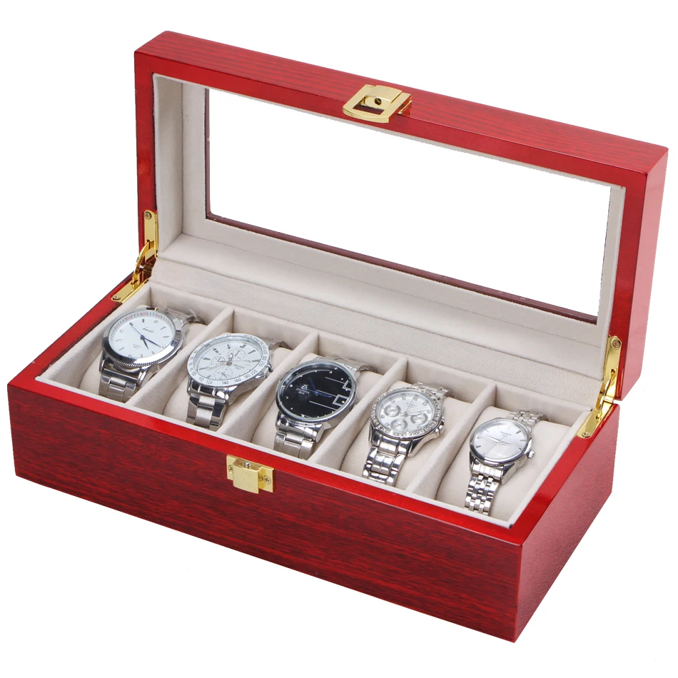 5 Grid Watch Box Display Case Black/Wine Red Watch Box for WristWatches